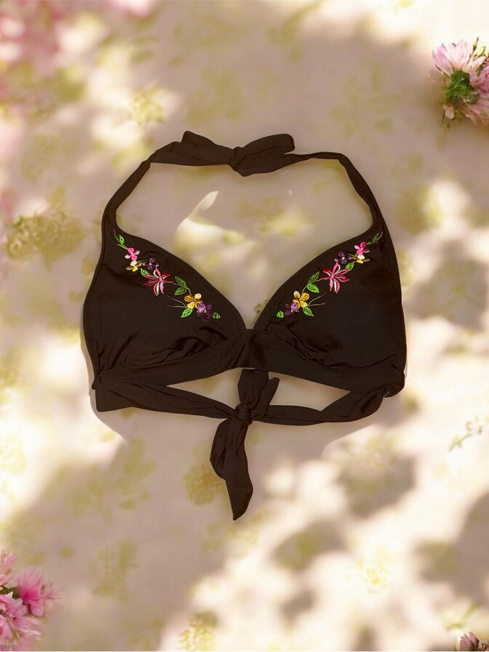 Black Floral Embroidered Halter Bikini Top